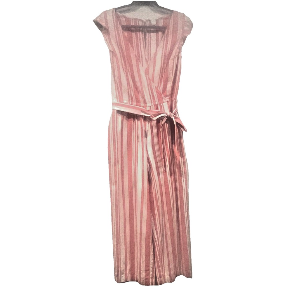 Old Navy Pink White Striped Linen Blend Wrap V-Neck Wide Leg Jumpsuit Small